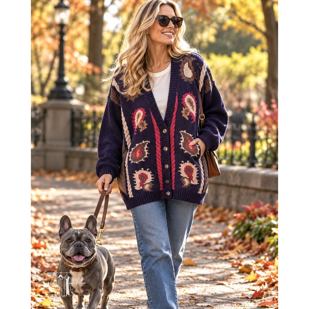 Vintage 90s Plus Size 22/24 Chunky Knit Paisley Eclectic Grandpa Cardigan
